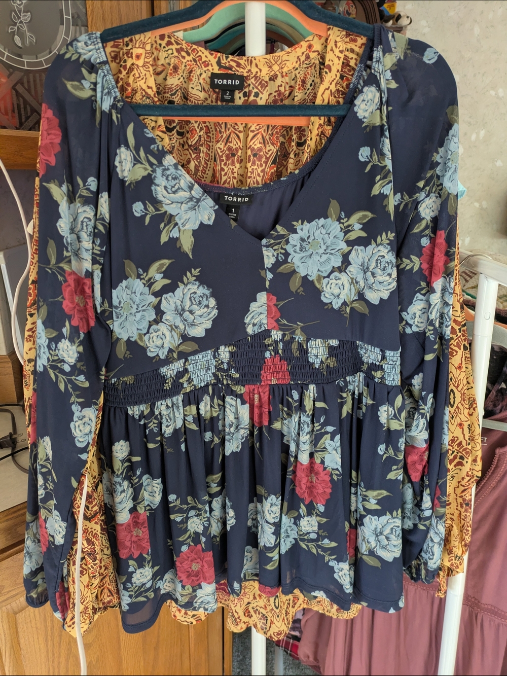 torrid Navy Floral Smocked Peplum Top with Red & Light Blue Blooms